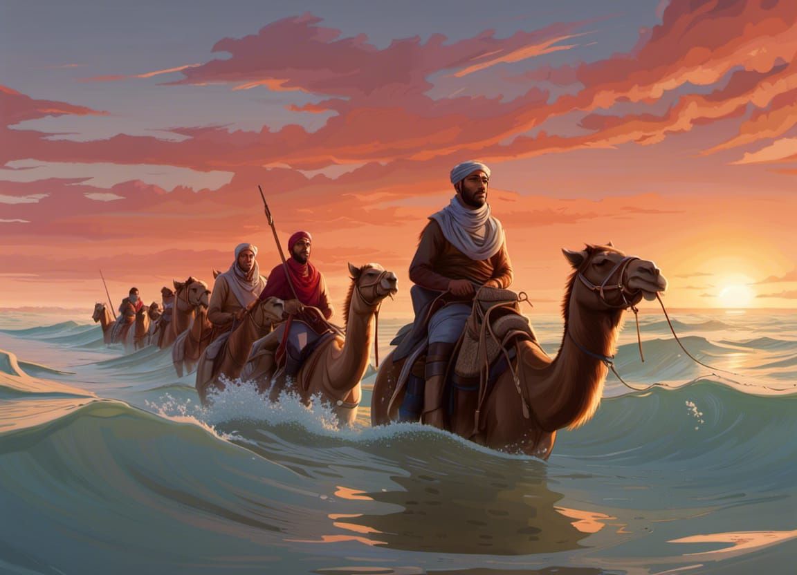 I haven't a clue why the AI put this camel train in the sea,...