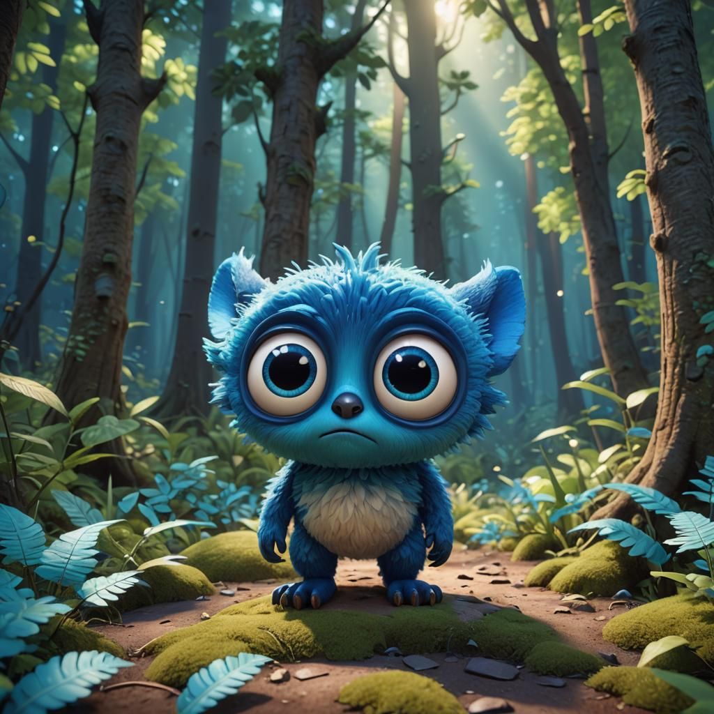 Sad Fluffy Creature in Blue Forest: Pixar Style