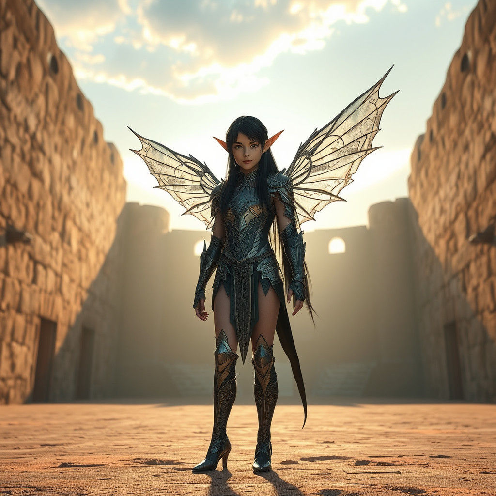 Ethereal Elf in Ancient Arena, Matte Painting Style