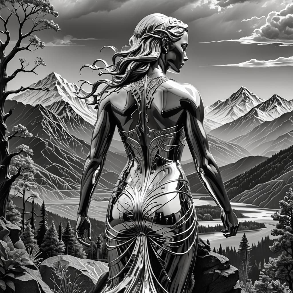 Platinum Storm Goddess Statue in Scratch Art Style