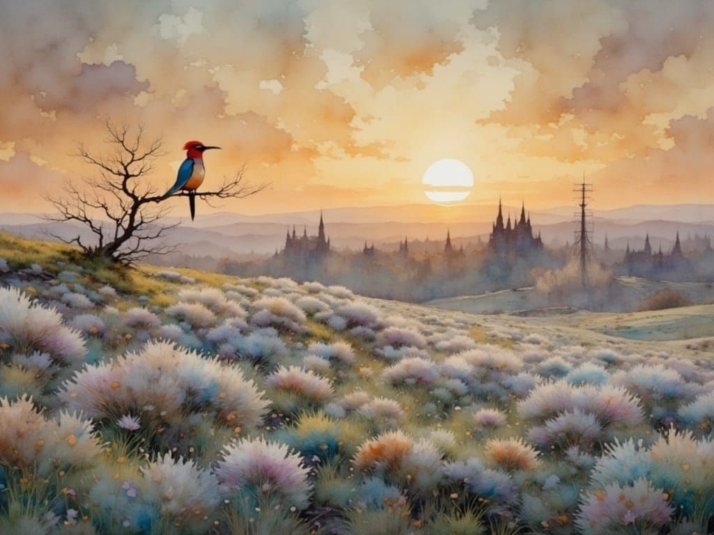 Hoopoe in Mystical Landscape with Zentangle Details