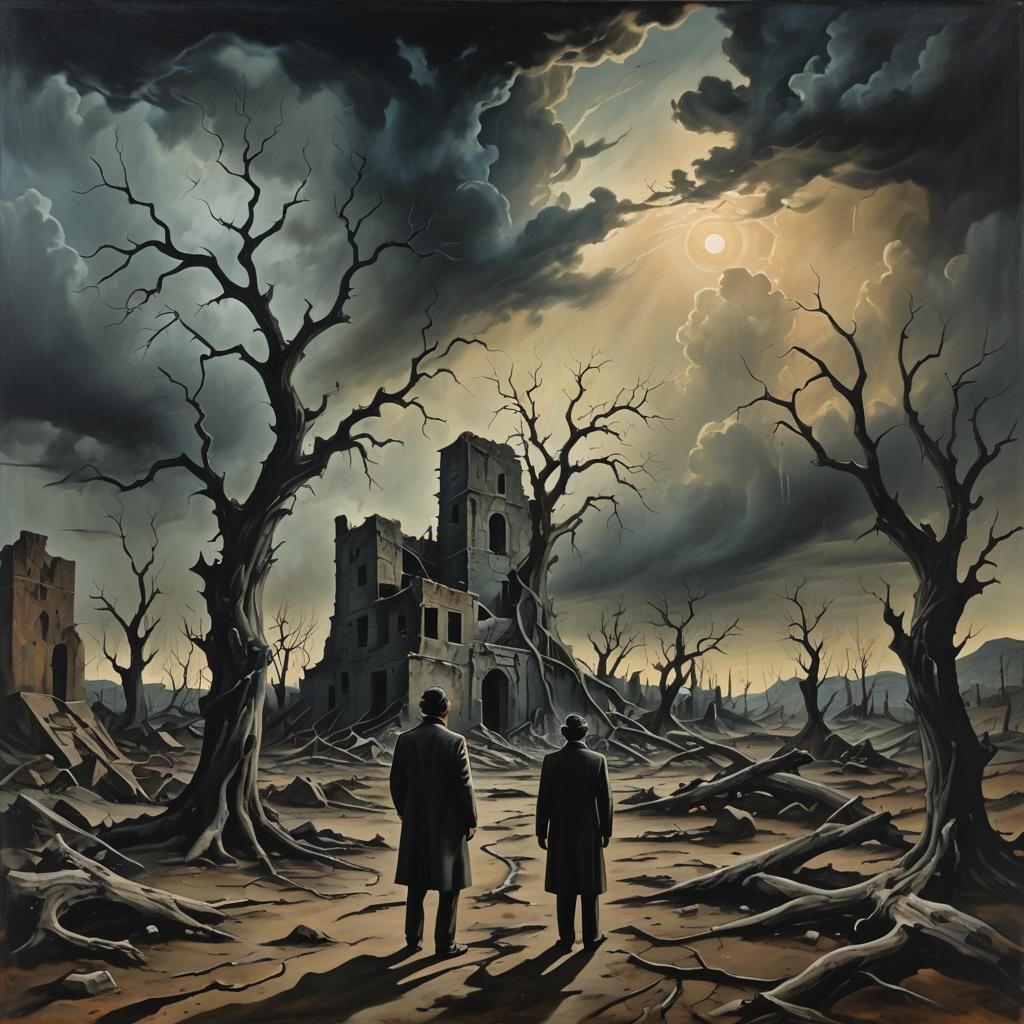 Eerie Wasteland: Surreal Oil Painting in Dark Palette
