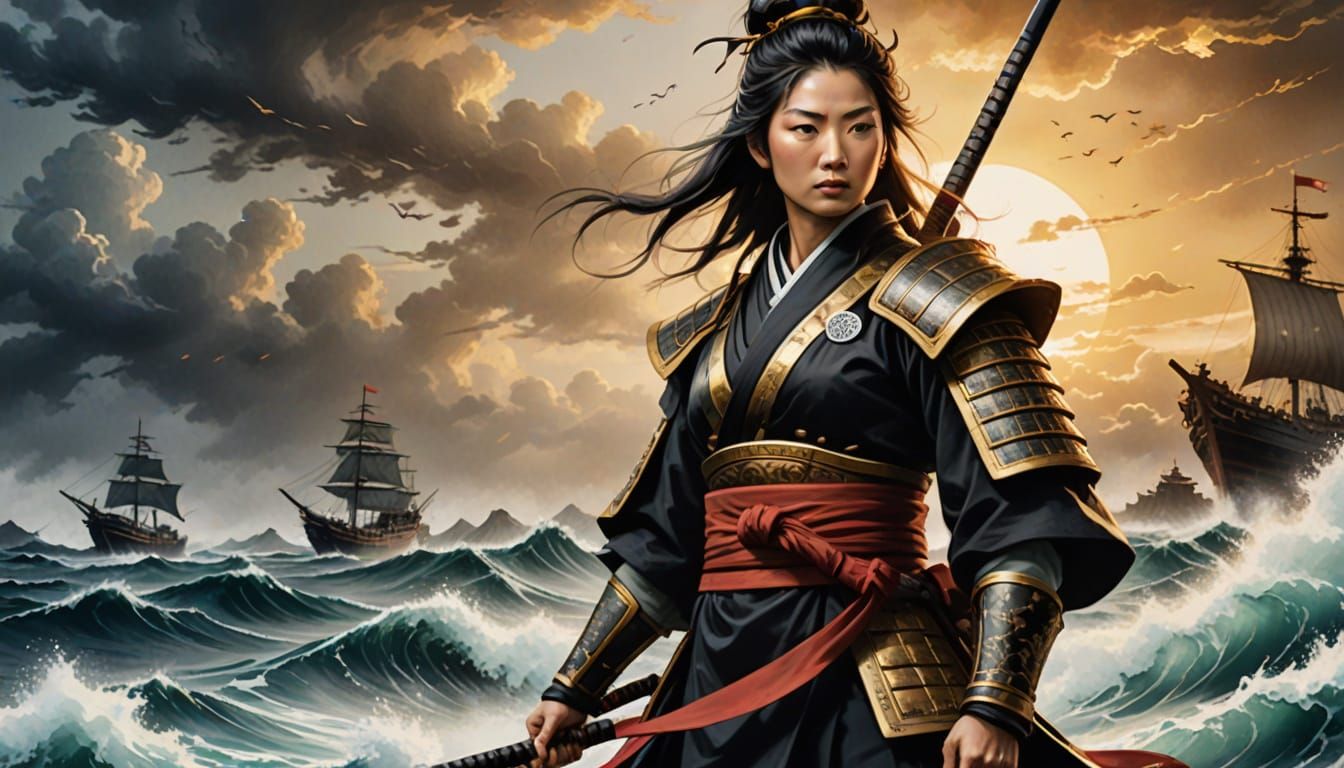 Tsuruhime at Warship Prow in Sumi-e Ink Painting