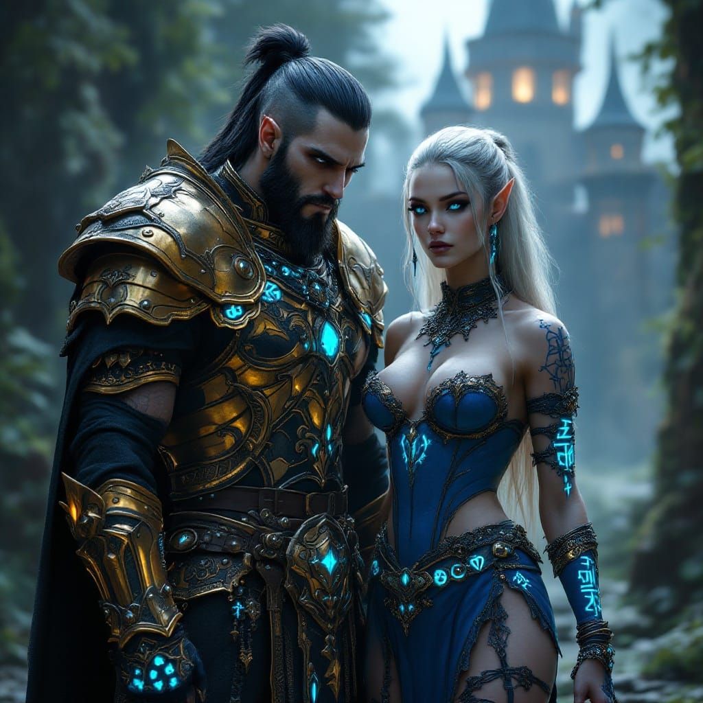 Spectacular Goth Barbarian and Elf Rogue in Epic Fantasy Com...