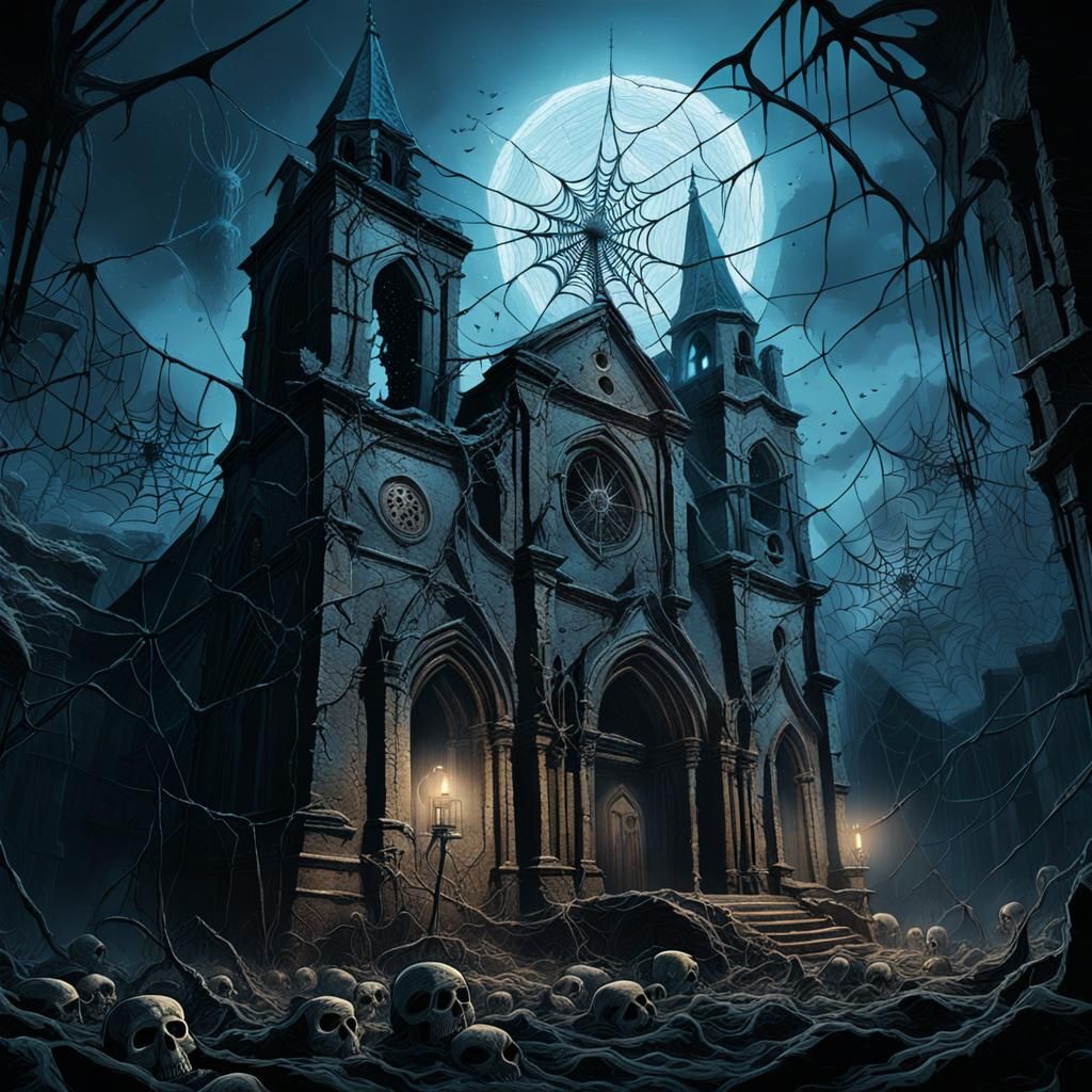 Ominous Spiderwebs Cover Abandoned Church in Dark Fantasy