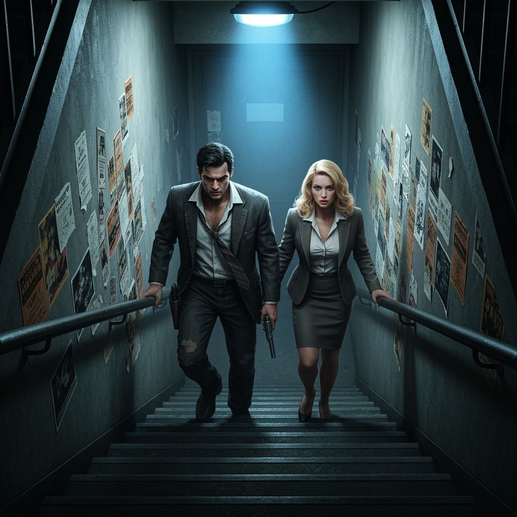 Man and Woman Ascend Moody Stairwell Under Blue Light