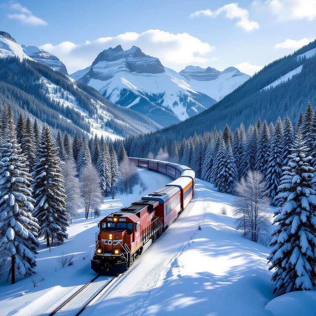 Winter Train Journey Through Snow-Covered Mountains
