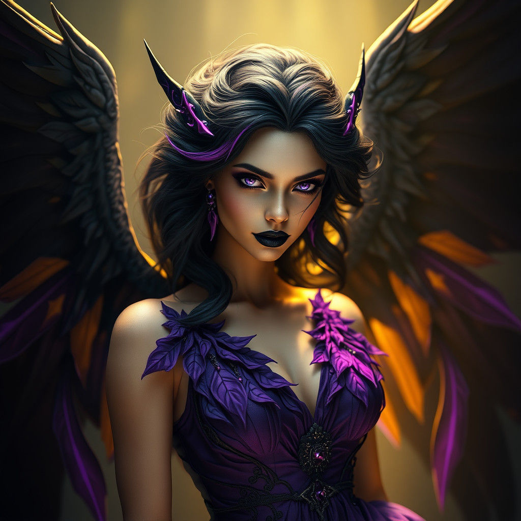 Mysterious Raven-Winged Woman in Dark Fantasy Style