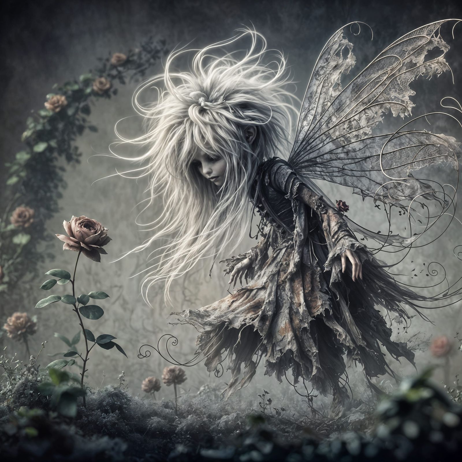 Decaying Gothic Pixie in Eerie Garden: Digital Art