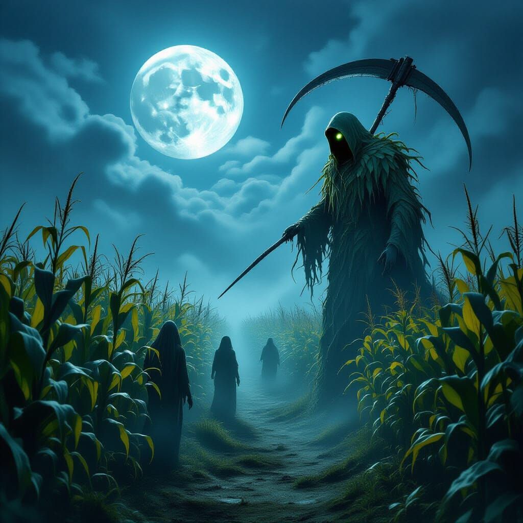 Eerie Corn Maze Under Full Moon with Reaper