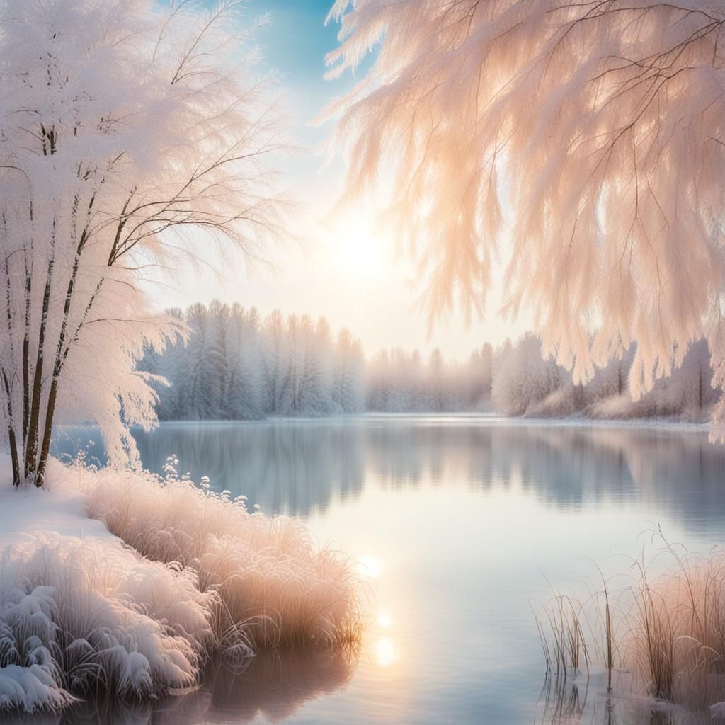 Calm Winter Lake Landscape with Soft Pastel Colors