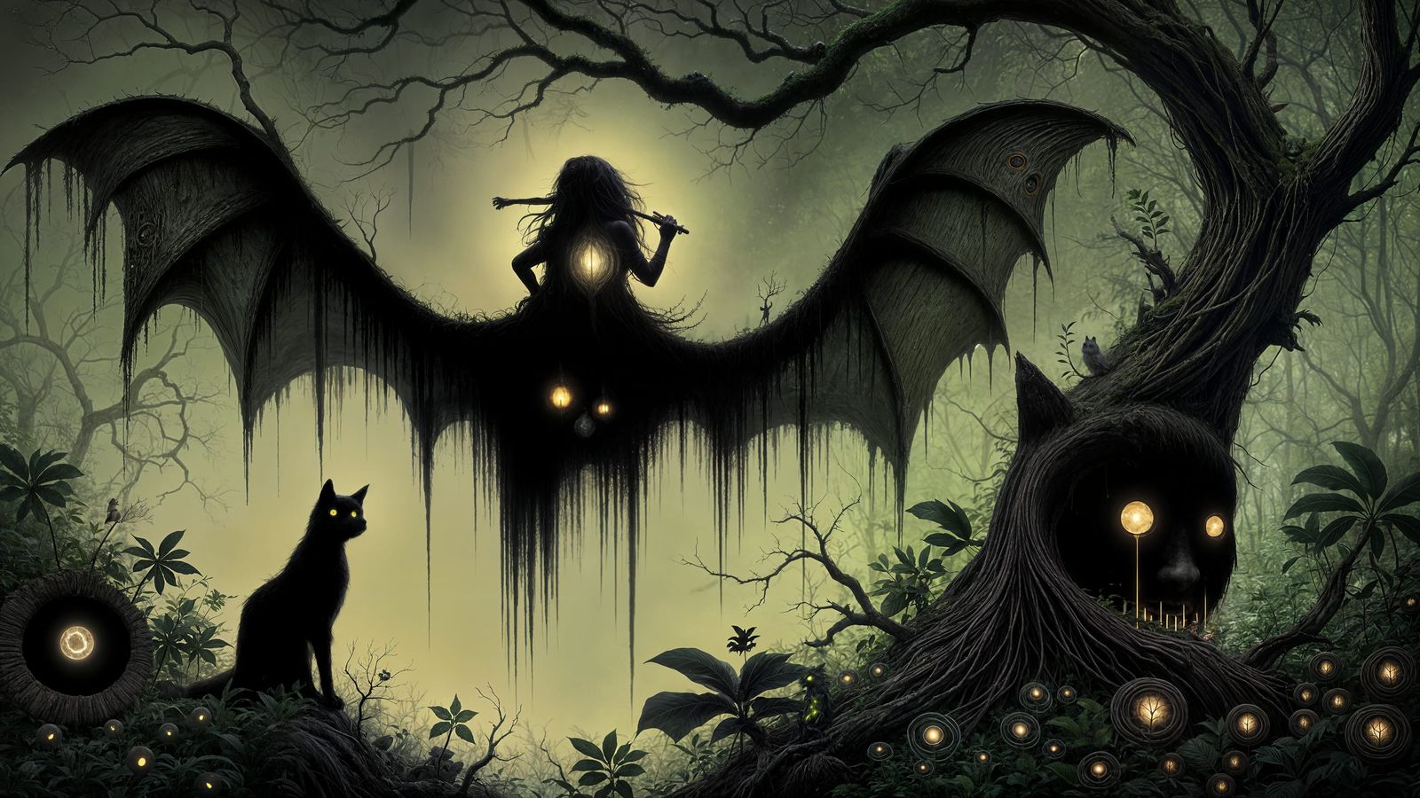 Ethereal Forest Spirit on Bat with Bioluminescent Leaves