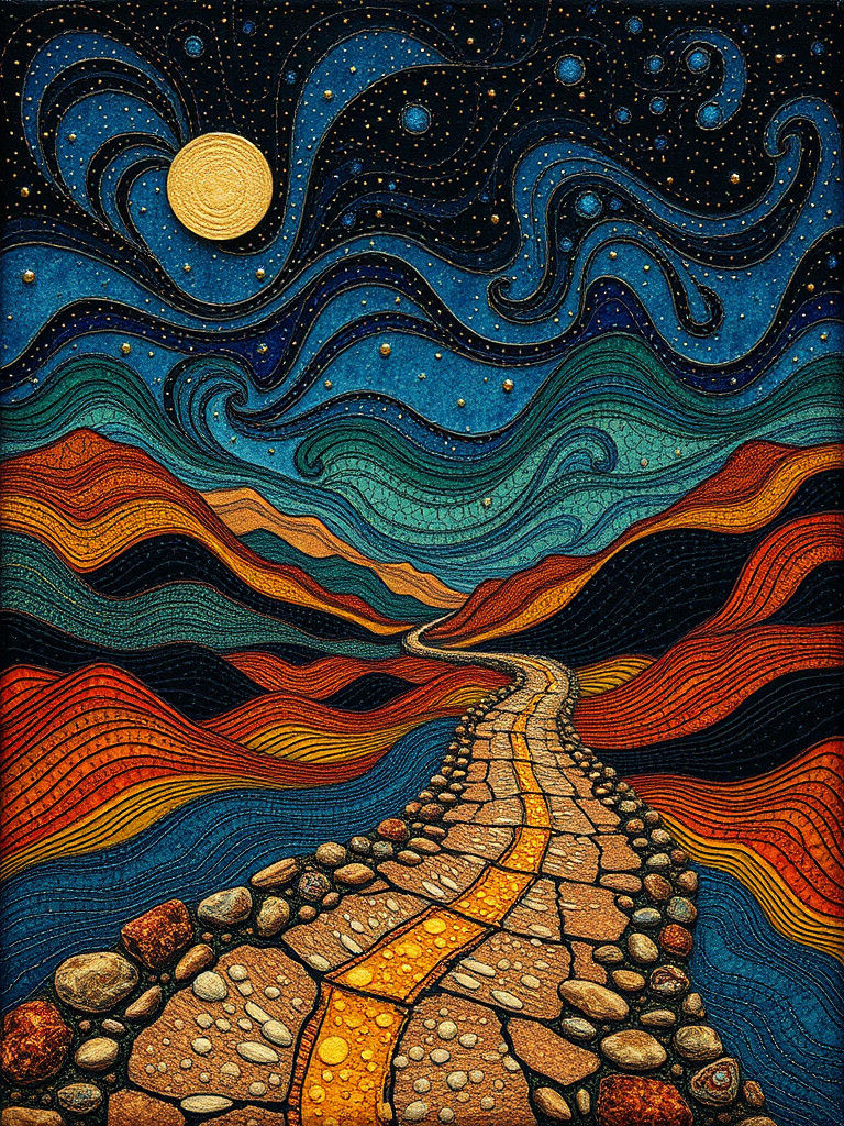 Surreal Terraformed Landscape with Gold Leaf Highlights