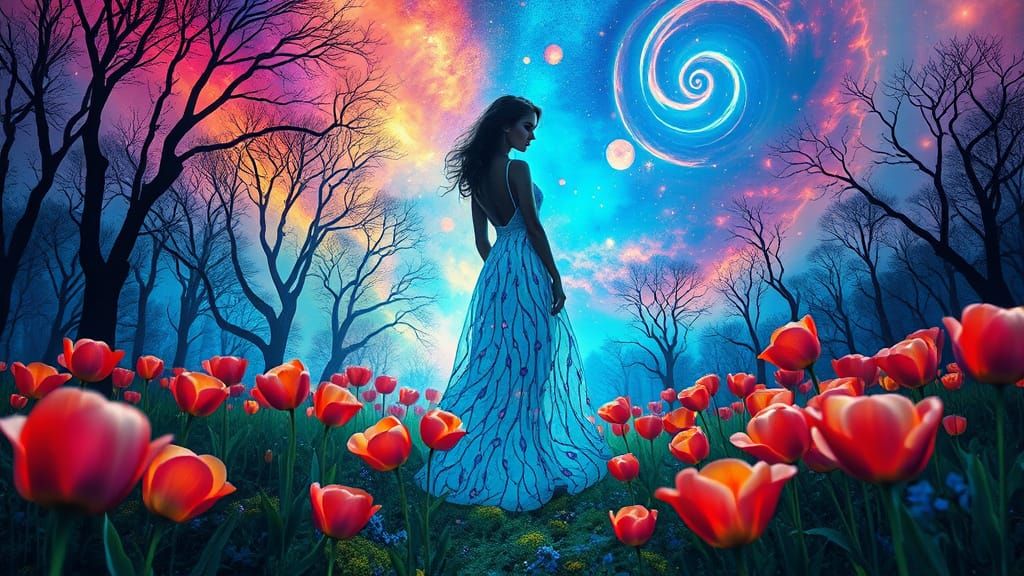 Iridescent Woman in Tulip Field with Aura