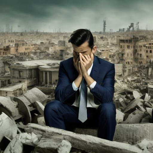 A Well-Dressed Man Weeps Amidst War-Torn Metropolis in Surre...