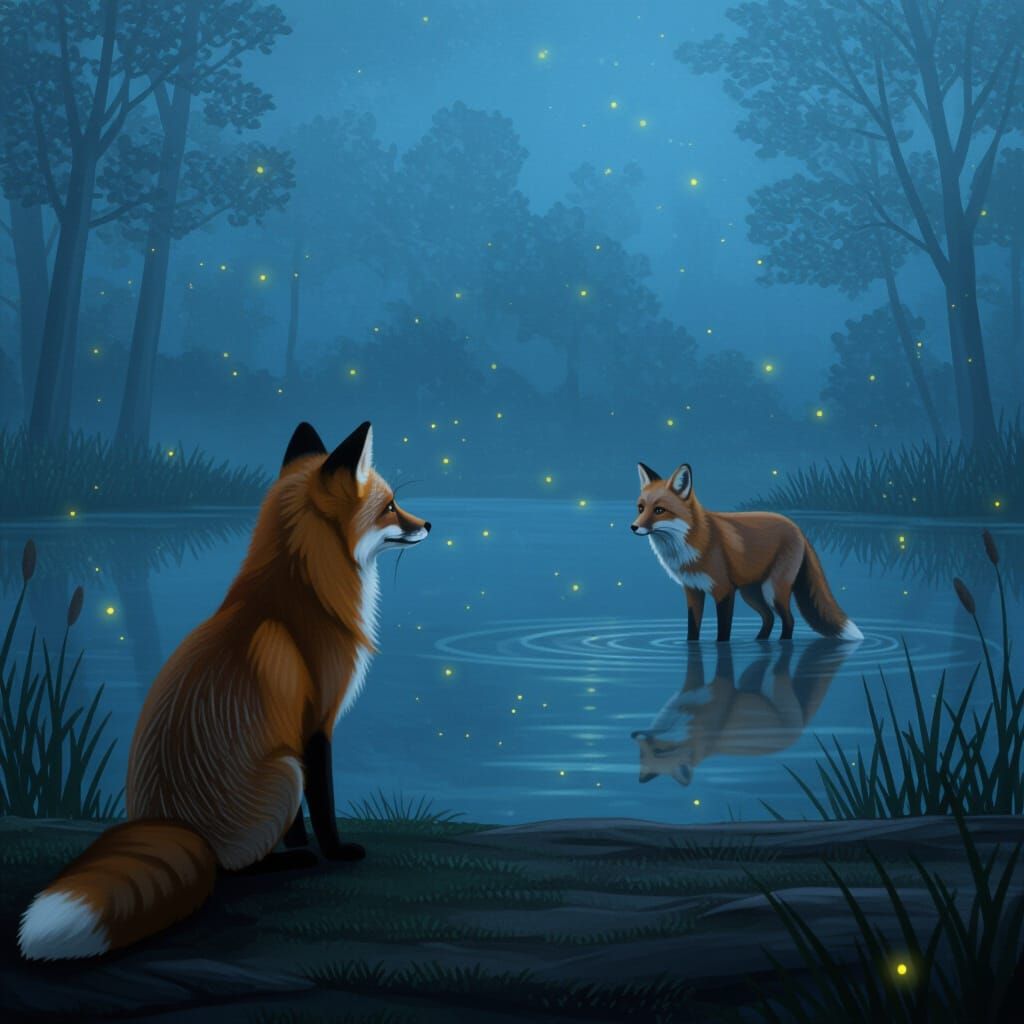 Lonely Fox Gazes at Mate Across Foggy Pond