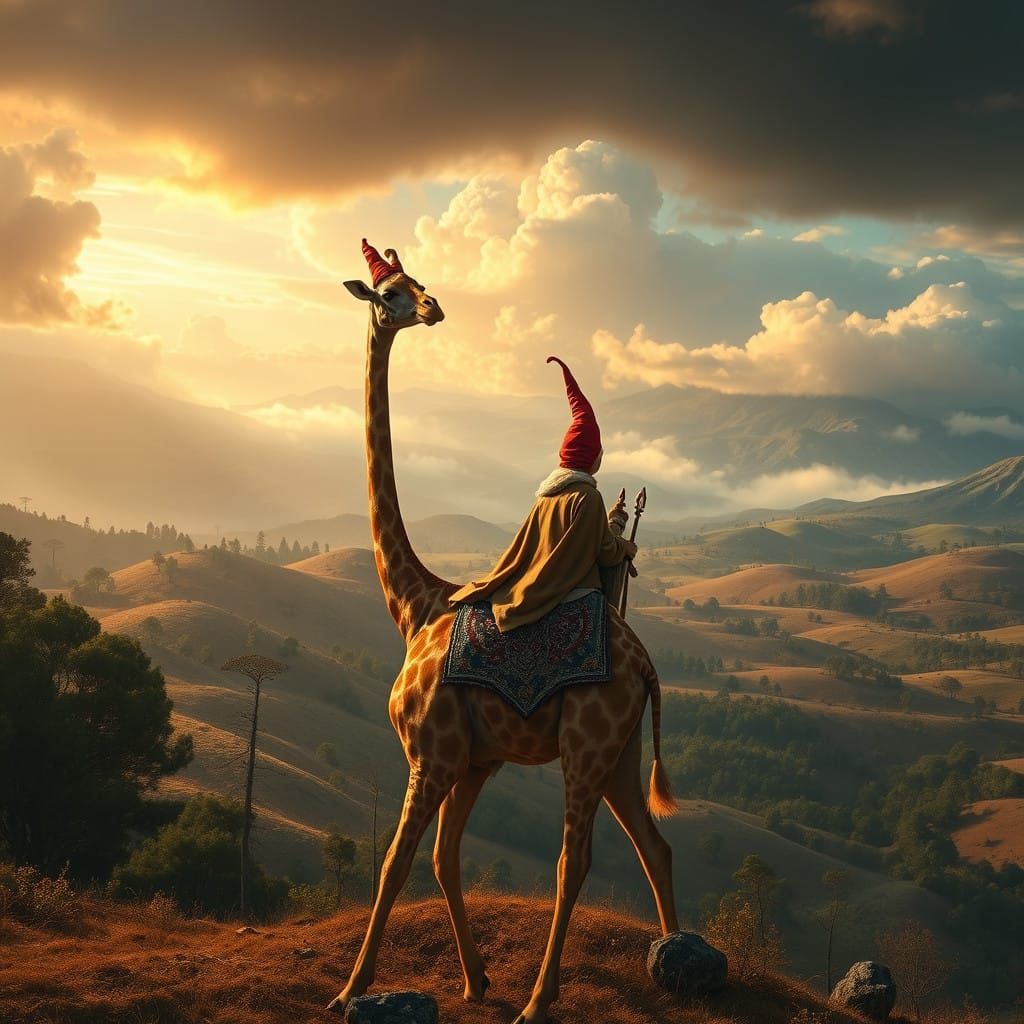 Gnomes Riding a Majestic Giraffe in a Magical Landscape