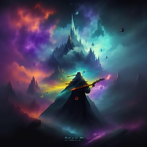 Gandalf Plays Electric Guitar in Space, Digital Art