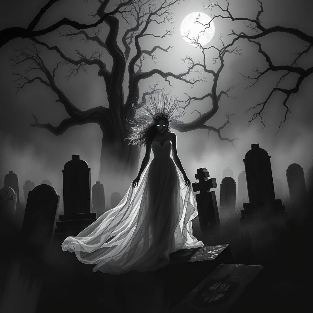 Ethereal Woman in a Haunting Monochromatic Graveyard