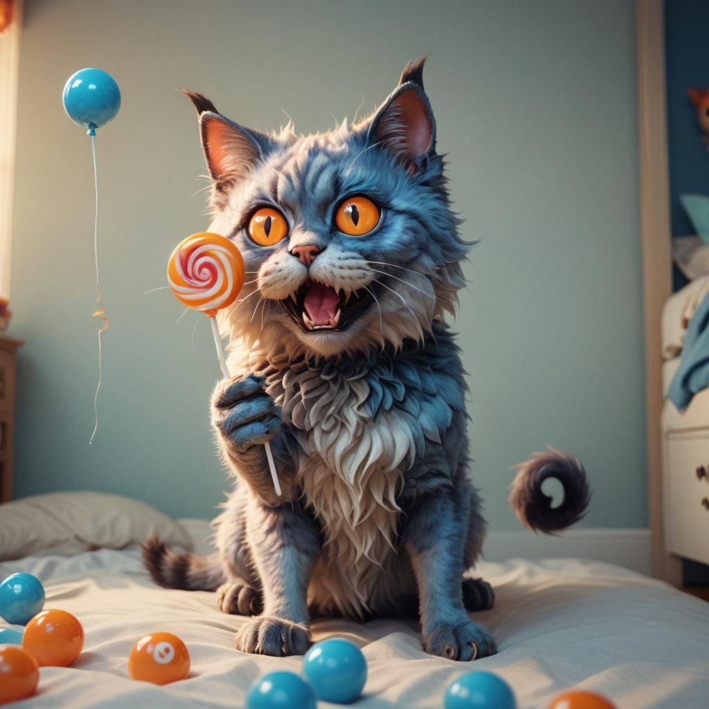 Cat-Dog Monster with Lollipop: Vibrant Digital Painting