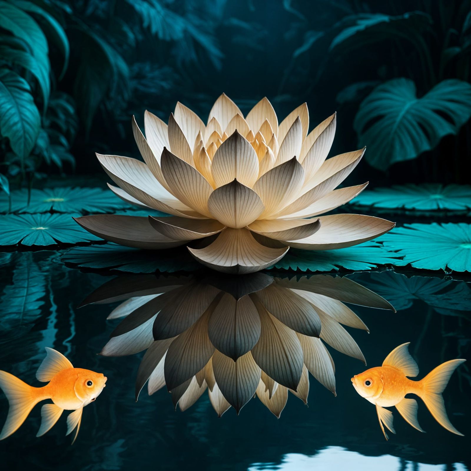 Serene Jungle Lotus Blooms in Dark Blue Pond with Golden Pet...