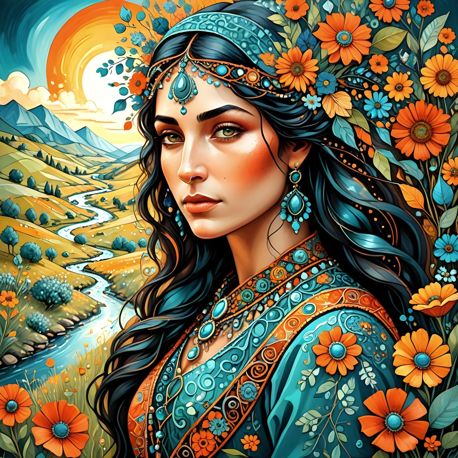 Exotic Gypsy Woman in Vibrant Wildflower Meadow