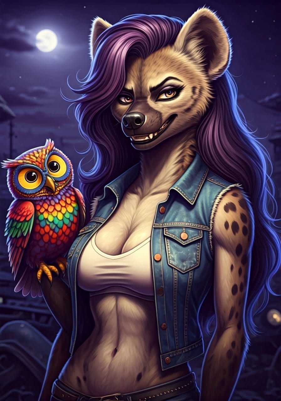 Hyperrealistic She-Hyena Portrait with Owl Companion in Moon...
