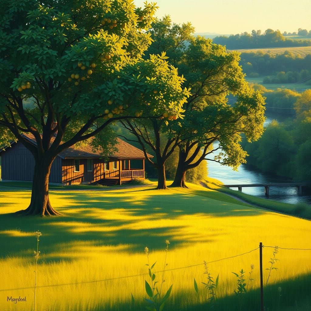 Golden Hour Countryside Scene with River and Lush Greenery
