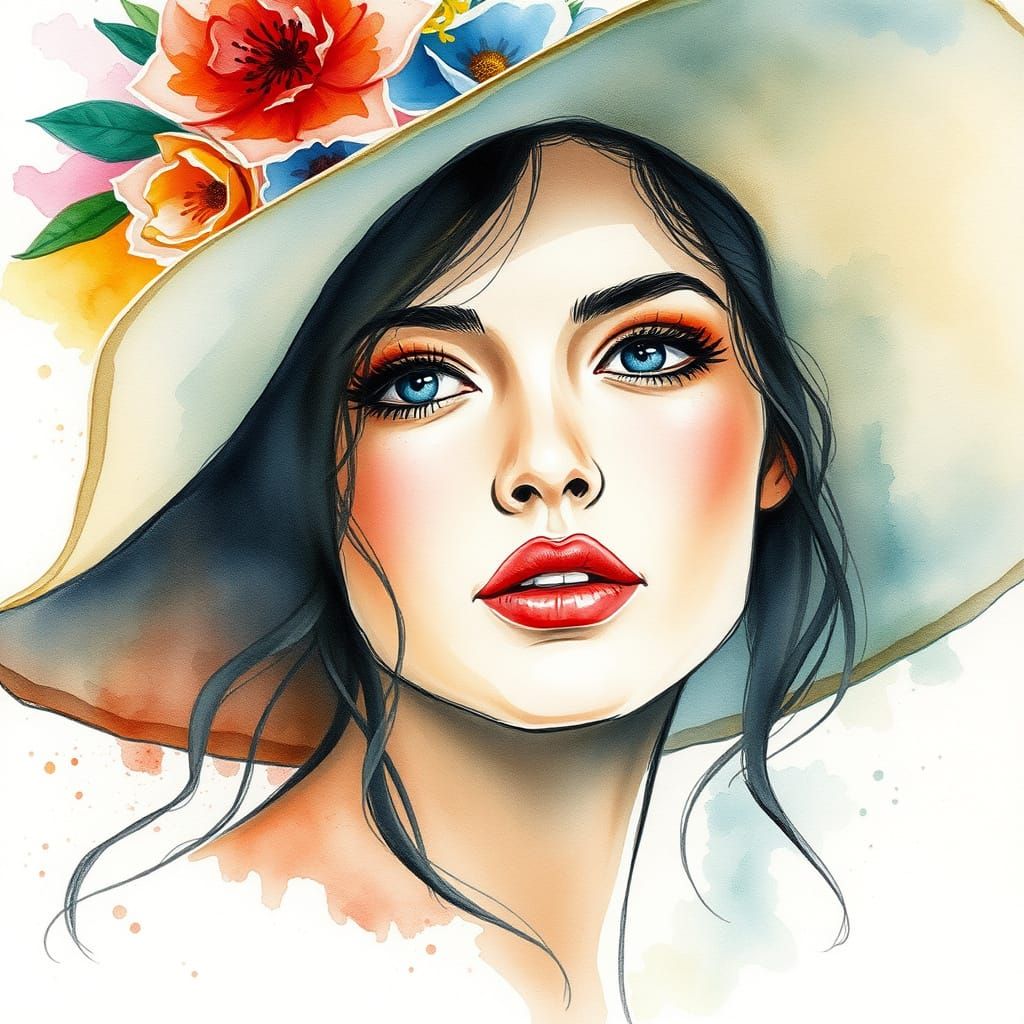 Watercolor Portrait of a Woman in a Flowered Hat