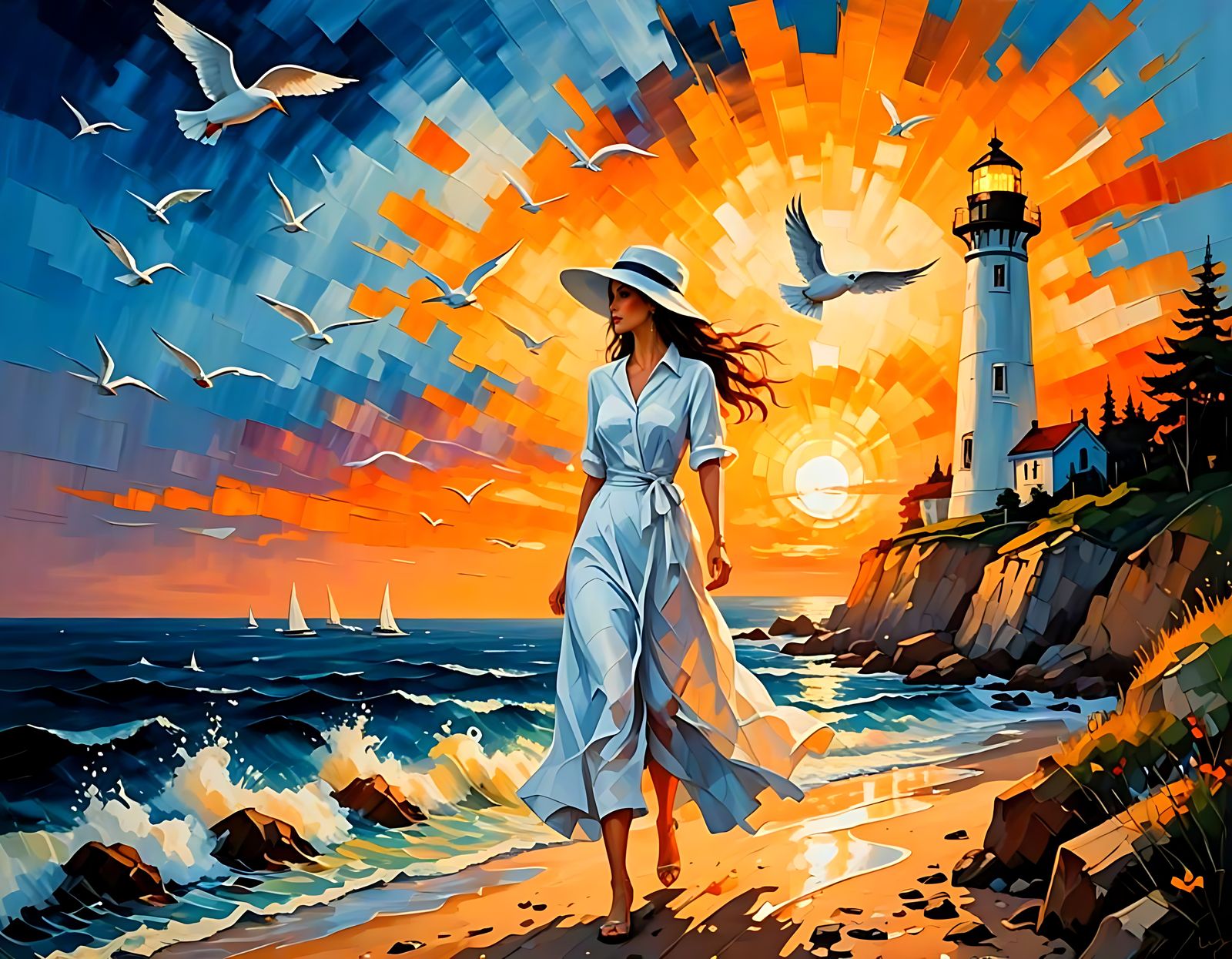 Woman Walks to Lighthouse: Impasto Oil Painting