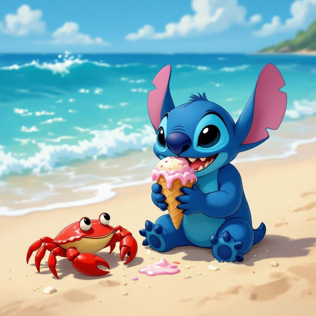 Stitch Enjoys Ice Cream with Crab on Sunny Beach