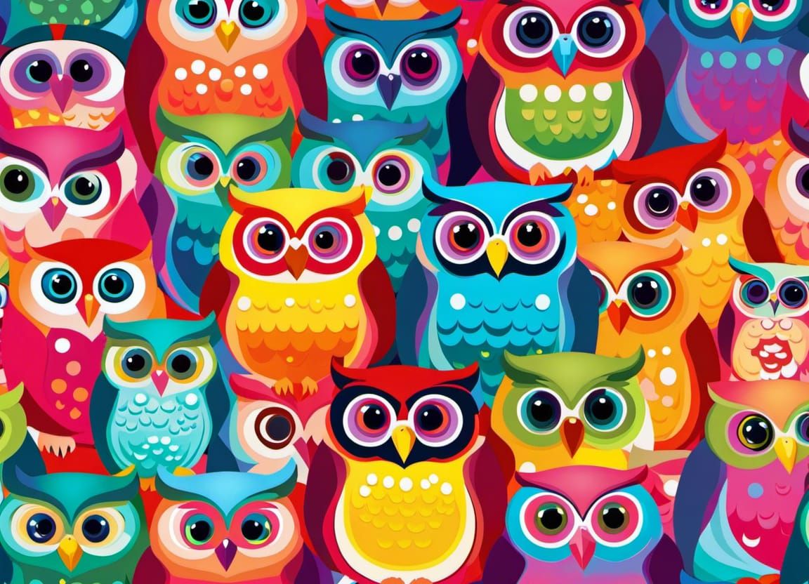 Colorful Kawaii Owlets in Abstract Art Style
