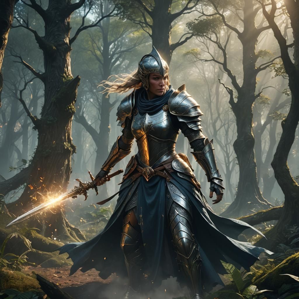 Knight Versus Sorceress in Mystical Forest
