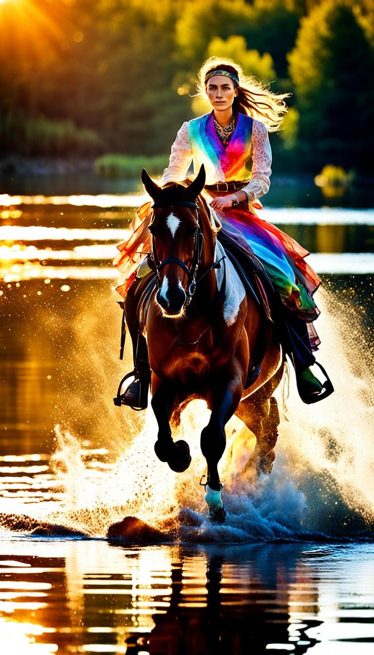 Woman on Horseback in River with Rainbow, Hyperrealism
