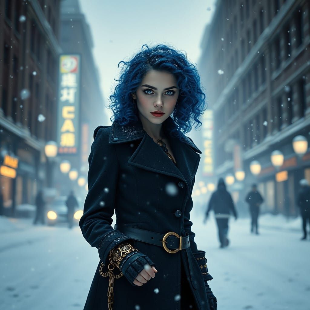 Steampunk Snow Maiden Walks Through Snowy Cityscape