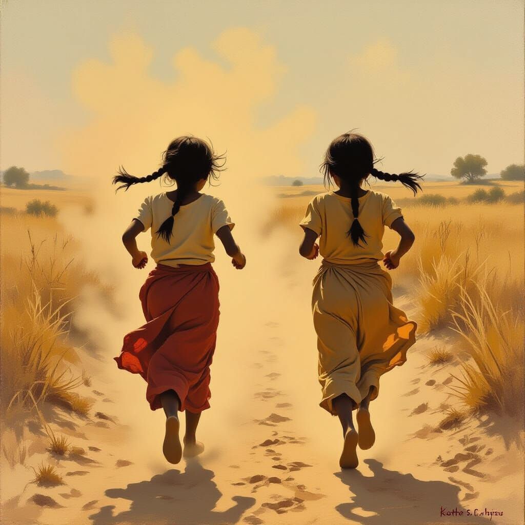 Two Young Indian Girls Fleeing Dusty Landscape in Oil Painti...