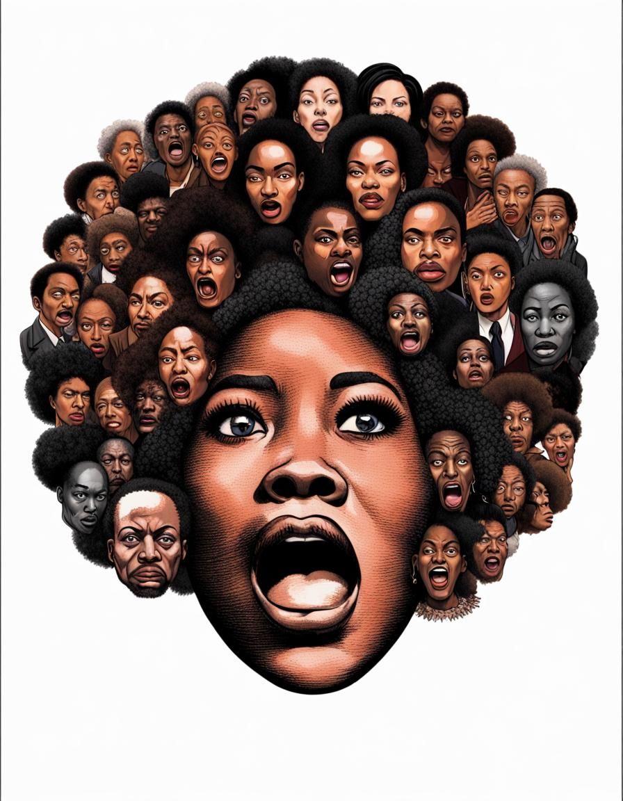Frightened Woman Portrait with Faces of Black Celebrities