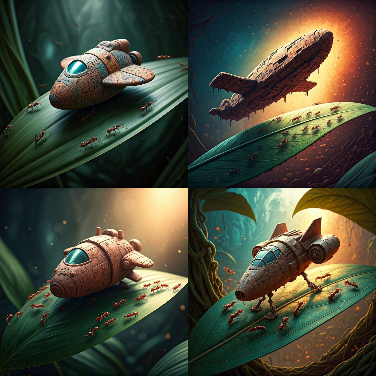 Intricately Detailed Clay Spaceship Lands on Large Leaf in H...