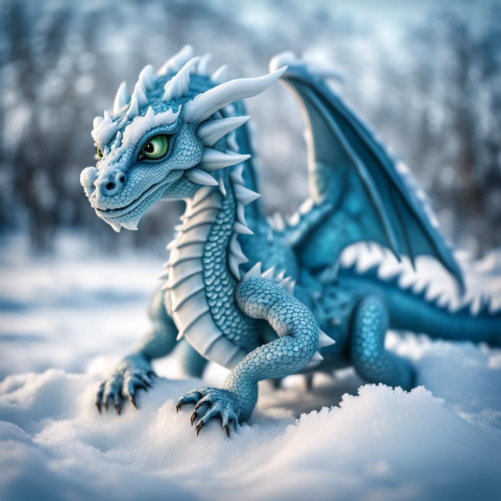 Cute Ice Dragon in Snowy Landscape