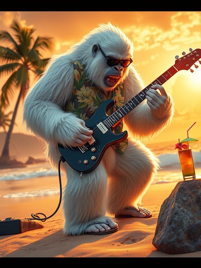 Electric Yeti Riffs on Hawaiian Beach in Sunset Splendor