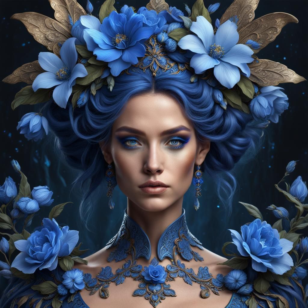 Elegant Fairy with Blue Flowers in Baroque Style