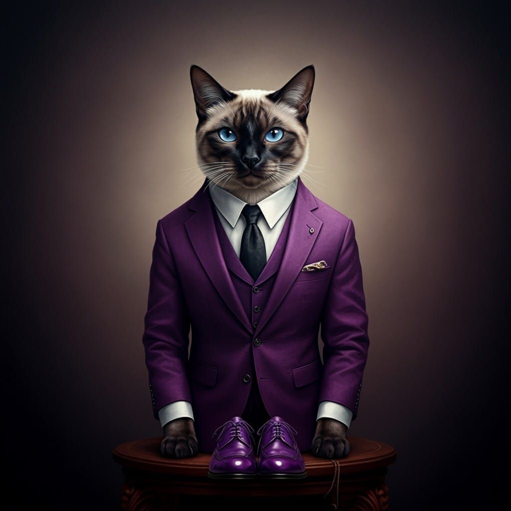 Siamese Cat in Plum Suit: A Stylish Portrait