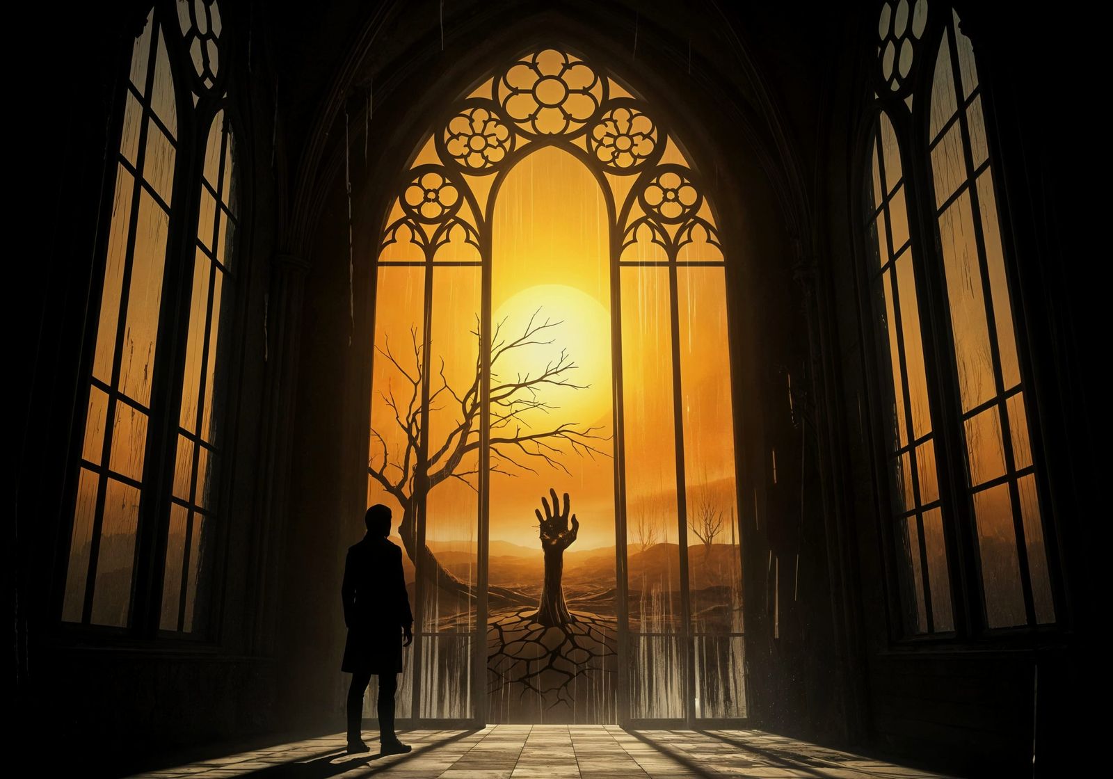 Gothic Silhouette in Wasteland Landscape