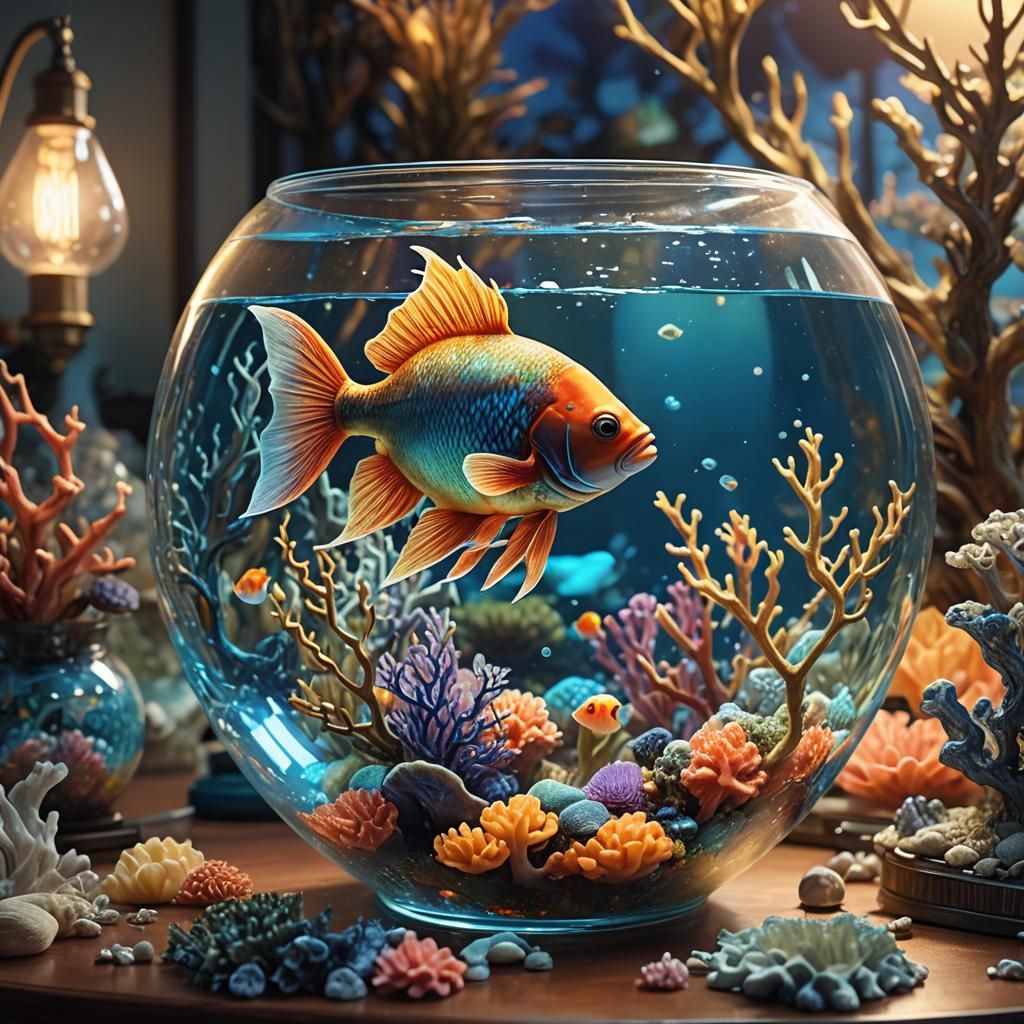 Colorful Fish in Coral Reef Bowl, Matte Painting
