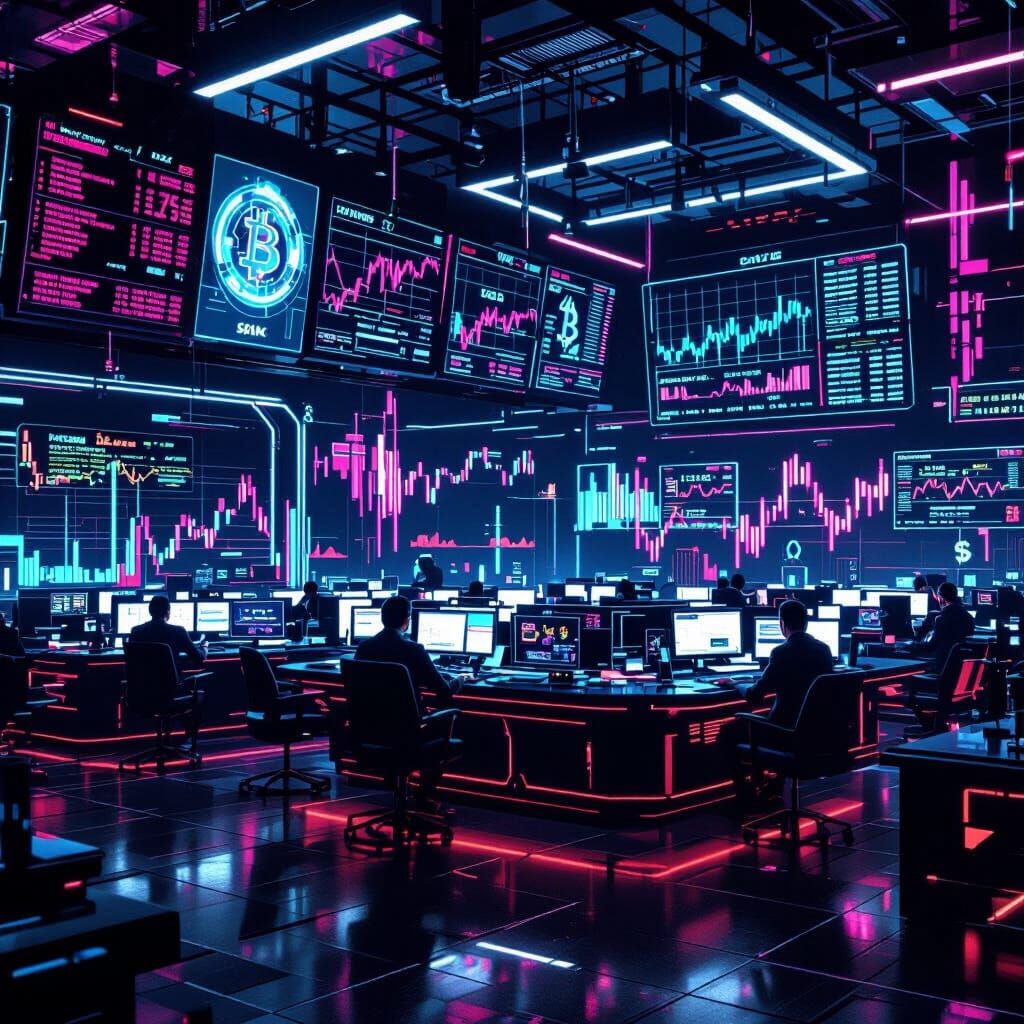Cyberpunk Crypto Trading Floor in Neon Noir