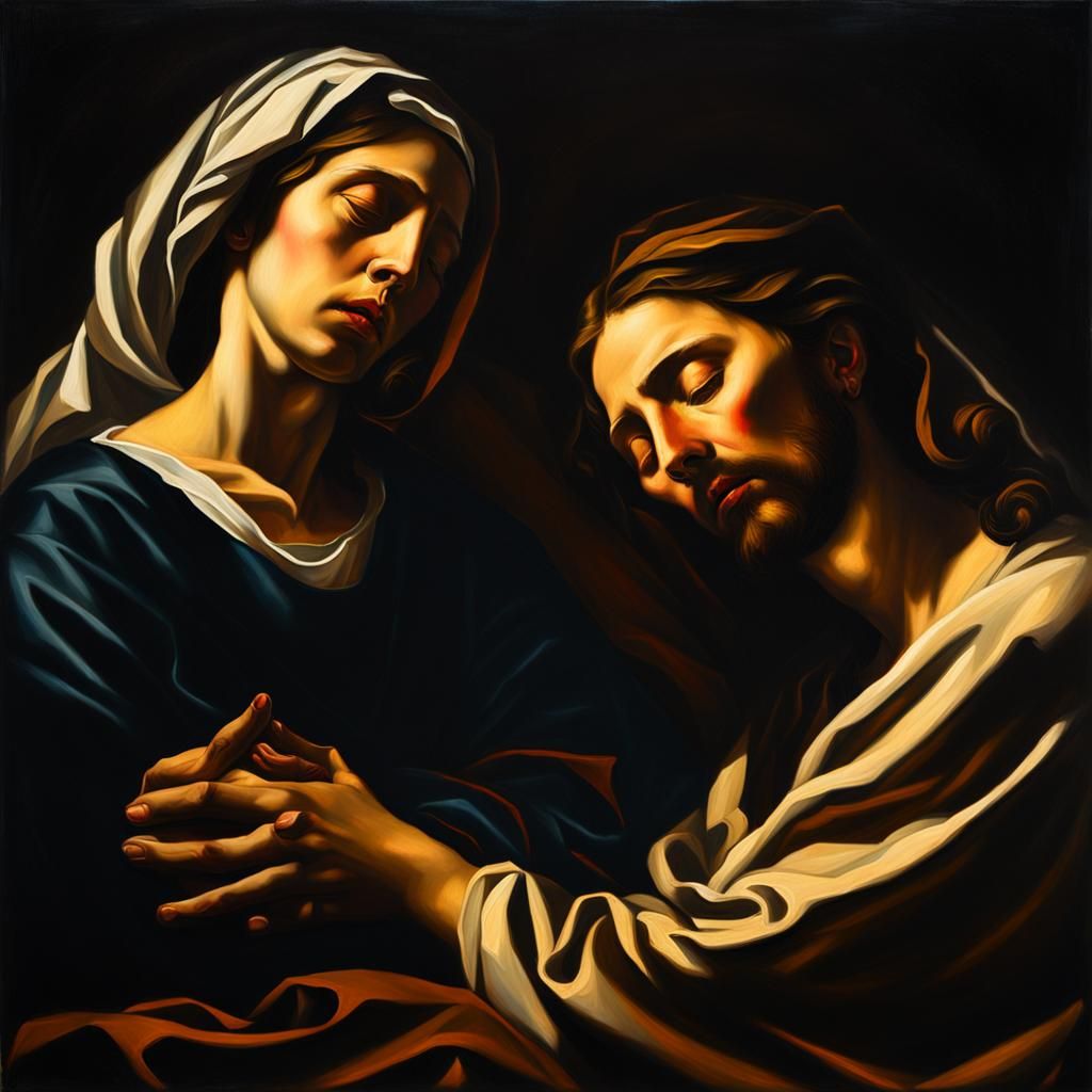 Mary and Jesus: Baroque Oil Painting in Caravaggio Style