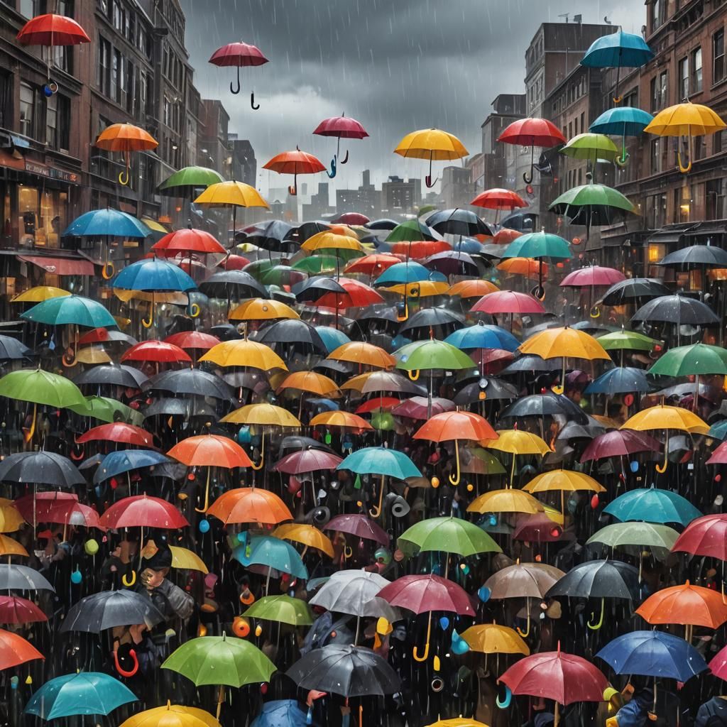 Surreal Cityscape with Googly Eye Rain
