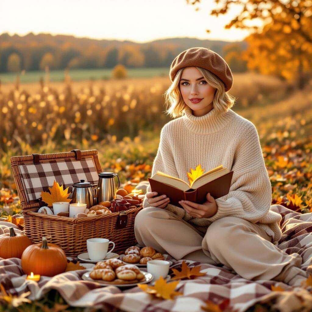Autumn Picnic Editorial: Woman with Book in Golden Light