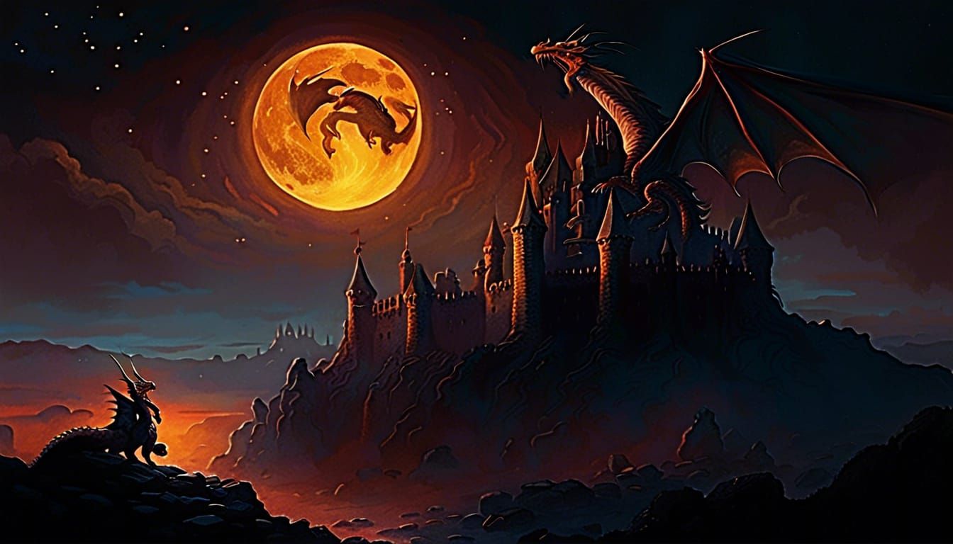 Majestic Dragon Over Dark Fantasy Castle