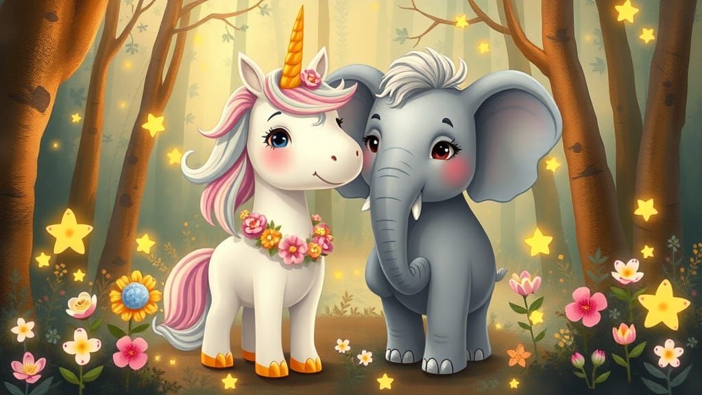 Unicorn and Elephant Friends in Enchanted Forest